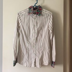 ETRO White Striped Cotton Floral Collar + Cuffs Shirt 46 M